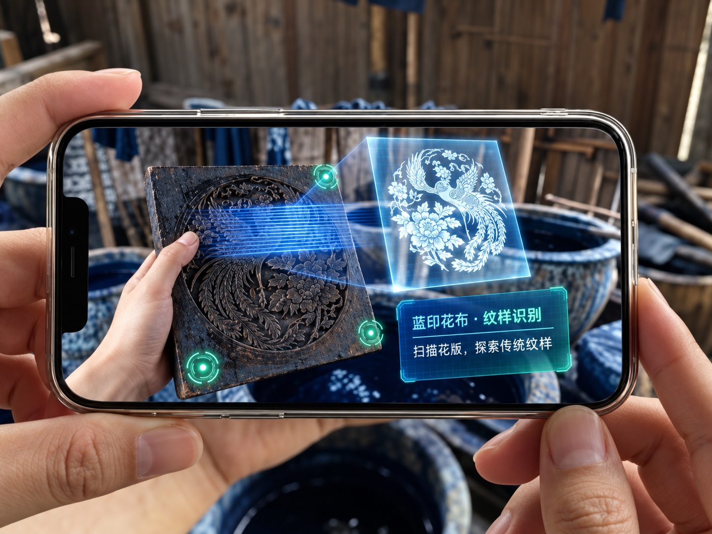 Blue calico AR pattern-recognition concept, redrawn with AI assistance